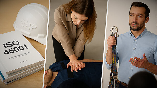 Grafika przedstawia kolaż trzech zdjęć przedzielonych białymi krzywymi liniami; scena lewa przedstawia plik dokumentów na szczycie którego znajduje się kartka z napisem ISO 45001 oraz hełm z wytłoczonym napisem BHP, środkowa scena przedstawia kobietę uciskającą klatkę piersiową podczas RKO, a prawa scena pokazuje mężczyznę w koszuli trzymającego uprząż asekuracyjną w prawej ręce i tłumaczącego jakiego zagadnienie